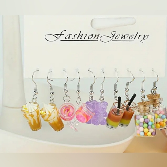 5 pairs of  Cute, Funny ,Milk Tea, Ice Cream, Bear, Candy Bottle Drop Earrings - Picture 1 of 7